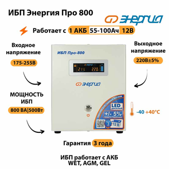 Энергия ИБП Про 800 12В - ИБП и АКБ - ИБП для котлов - Магазин стабилизаторов напряжения Ток-Про